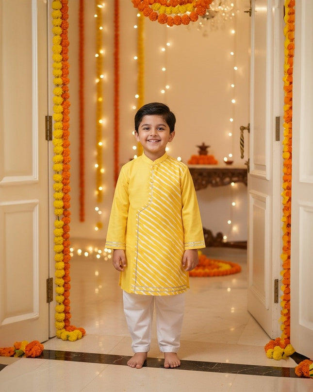 Haridra Yellow Striped Kurta Set with Pajama | Boys Ethnic Wear