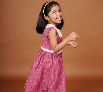 Hot Pink Ikkat Cotton Girls Frock | Sleeveless Dress with Lace Collar