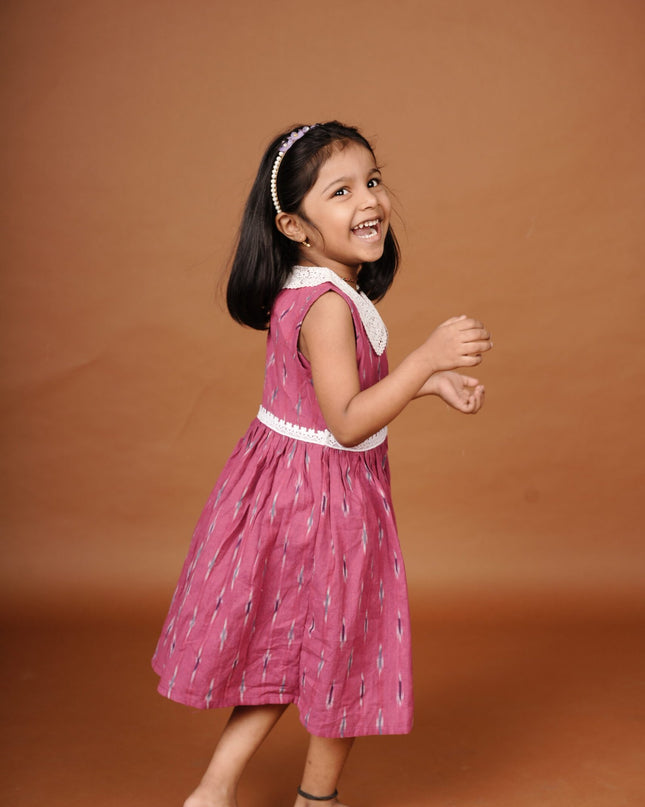 Hot Pink Ikkat Cotton Girls Frock | Sleeveless Dress with Lace Collar