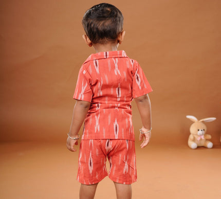 Red Ikkat Cotton Cord Set for Kids | Shirt & Shorts Outfit
