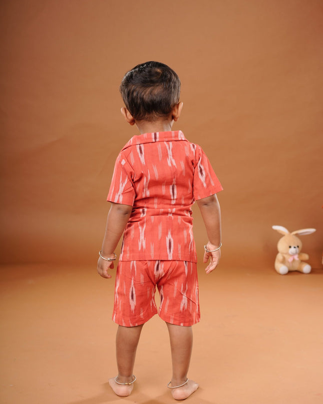 Red Ikkat Cotton Cord Set for Kids | Shirt & Shorts Outfit