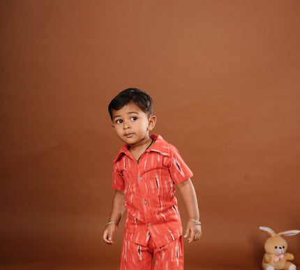 Red Ikkat Cotton Cord Set for Kids | Shirt & Shorts Outfit