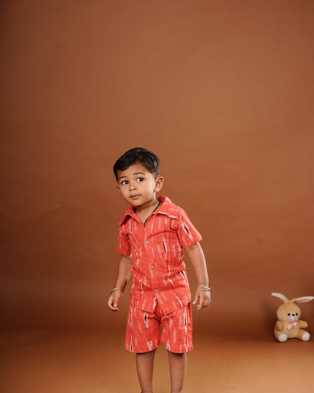 Red Ikkat Cotton Cord Set for Kids | Shirt & Shorts Outfit