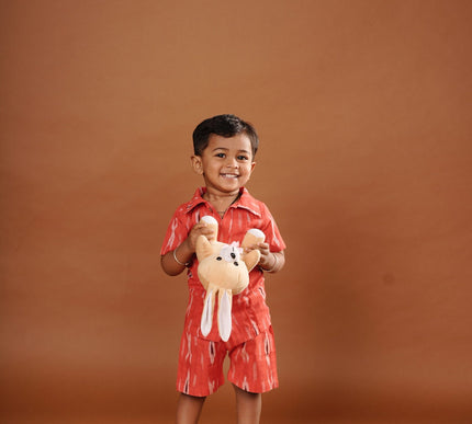Red Ikkat Cotton Cord Set for Kids | Shirt & Shorts Outfit