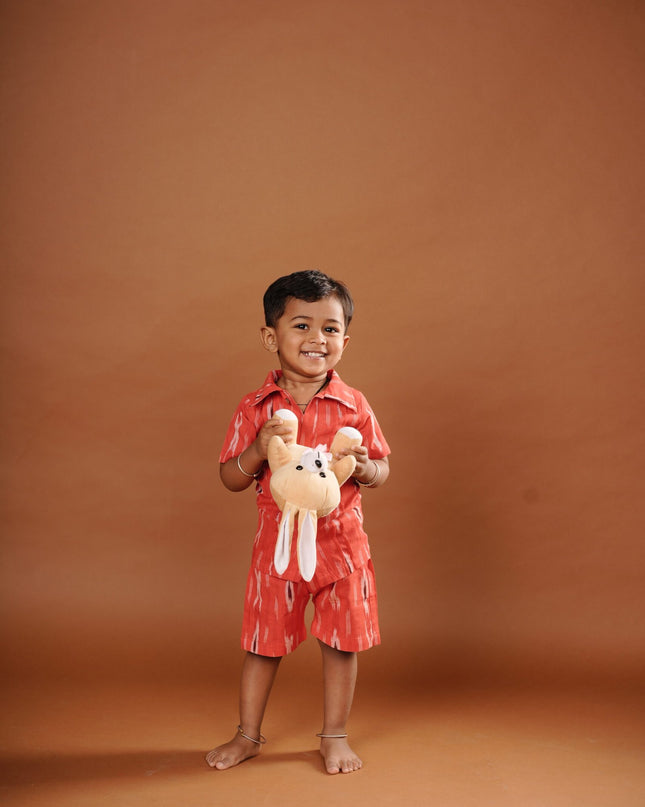 Red Ikkat Cotton Cord Set for Kids | Shirt & Shorts Outfit