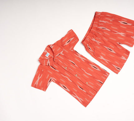 Red Ikkat Cotton Cord Set for Kids | Shirt & Shorts Outfit