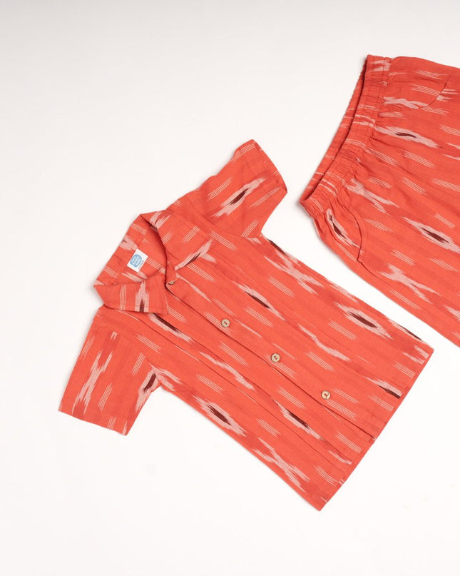 Red Ikkat Cotton Cord Set for Kids | Shirt & Shorts Outfit