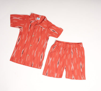 Red Ikkat Cotton Cord Set for Kids | Shirt & Shorts Outfit