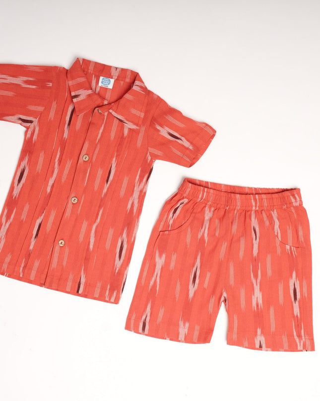 Red Ikkat Cotton Cord Set for Kids | Shirt & Shorts Outfit