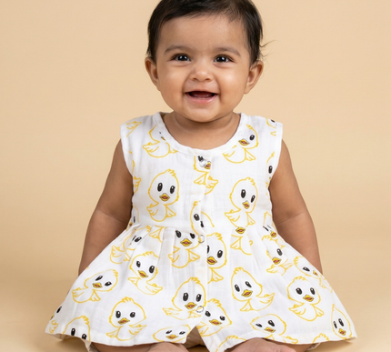 Soft Muslin Pleated Frock for Baby Girls | Front Button Sleeveless Dress | Breathable & Comfortable