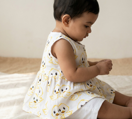 Soft Muslin Pleated Frock for Baby Girls | Front Button Sleeveless Dress | Breathable & Comfortable