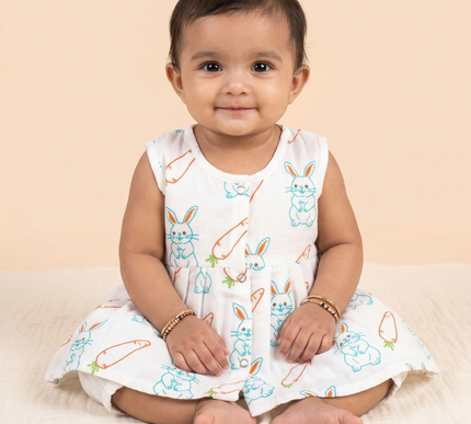 Soft Muslin Pleated Frock for Baby Girls | Front Button Sleeveless Dress | Breathable & Comfortable