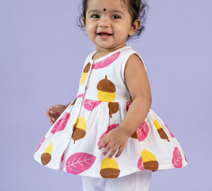Soft Muslin Pleated Frock for Baby Girls | Front Button Sleeveless Dress | Breathable & Comfortable
