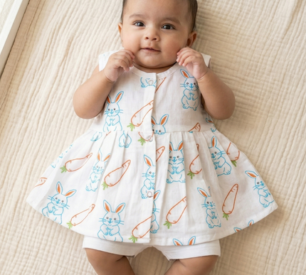 Soft Muslin Pleated Frock for Baby Girls | Front Button Sleeveless Dress | Breathable & Comfortable