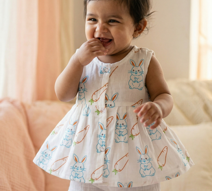 Soft Muslin Pleated Frock for Baby Girls | Front Button Sleeveless Dress | Breathable & Comfortable