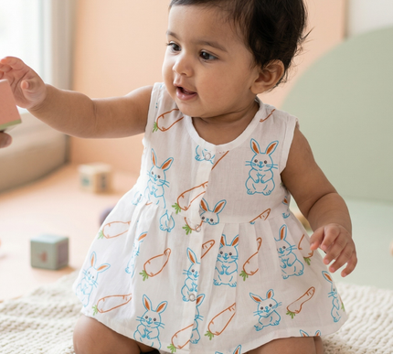 Soft Muslin Pleated Frock for Baby Girls | Front Button Sleeveless Dress | Breathable & Comfortable