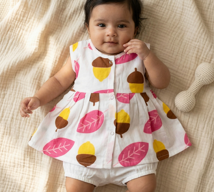 Soft Muslin Pleated Frock for Baby Girls | Front Button Sleeveless Dress | Breathable & Comfortable