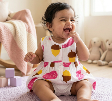 Soft Muslin Pleated Frock for Baby Girls | Front Button Sleeveless Dress | Breathable & Comfortable