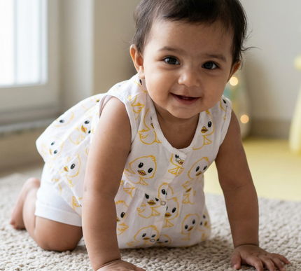 Soft Muslin Pleated Frock for Baby Girls | Front Button Sleeveless Dress | Breathable & Comfortable