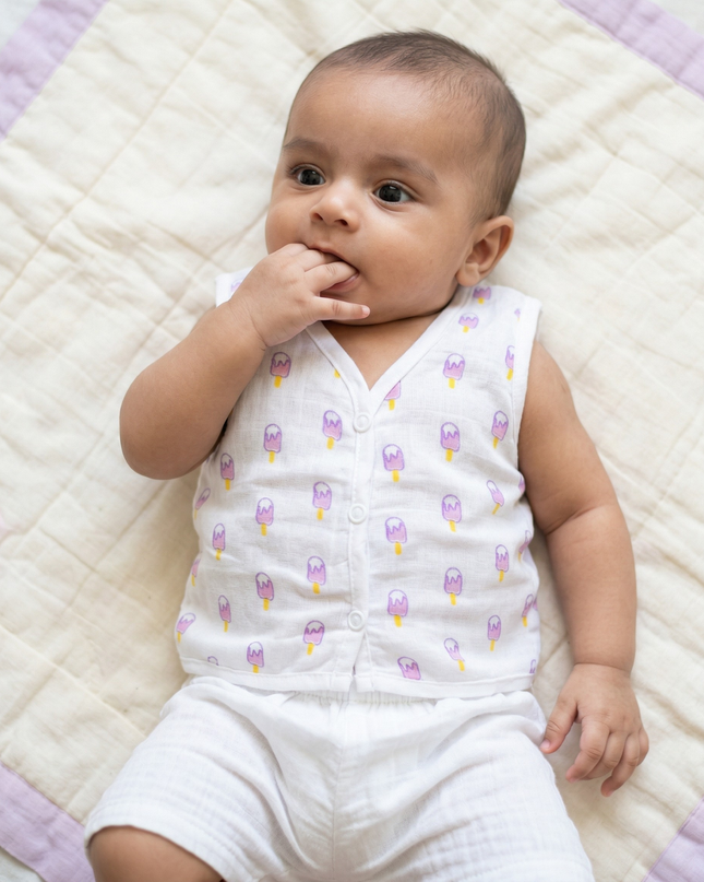 Soft Muslin Cotton Sleeveless Baby Jhabla | Front-Open Infant Jhabla