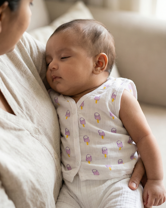 Soft Muslin Cotton Sleeveless Baby Jhabla | Front-Open Infant Jhabla