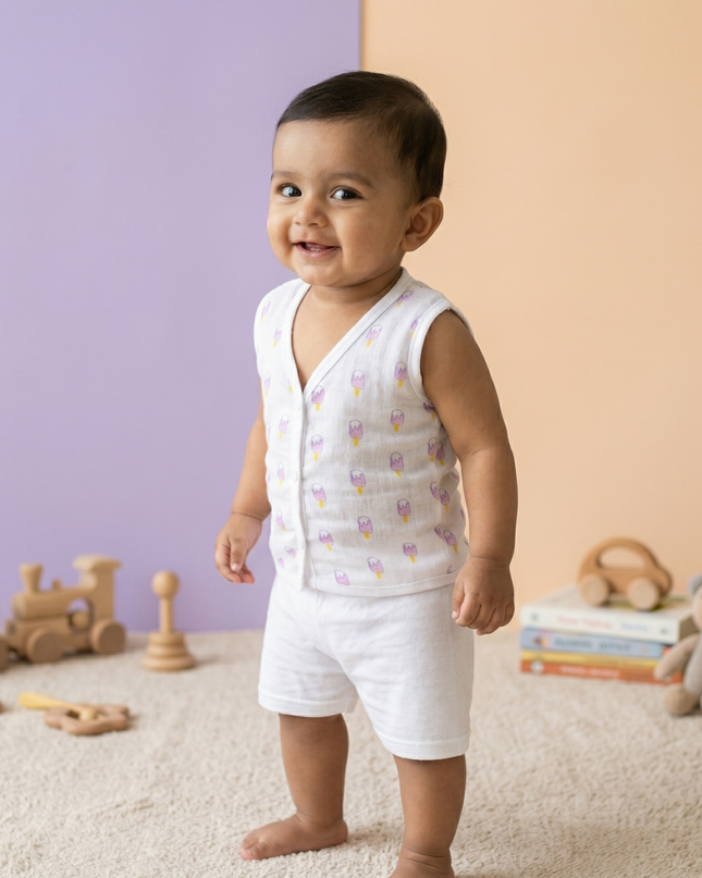 Soft Muslin Cotton Sleeveless Baby Jhabla | Front-Open Infant Jhabla