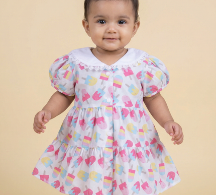 Soft Cotton Baby Frock with Bloomers | Candy Ice Cream Print | Puff Sleeve Dress for Baby Girls