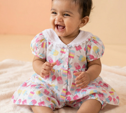 Soft Cotton Baby Frock with Bloomers | Candy Ice Cream Print | Puff Sleeve Dress for Baby Girls