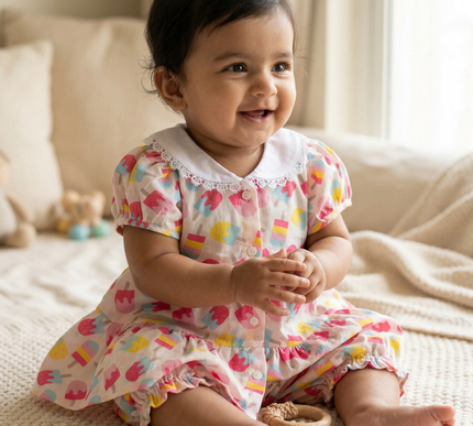 Soft Cotton Baby Frock with Bloomers | Candy Ice Cream Print | Puff Sleeve Dress for Baby Girls