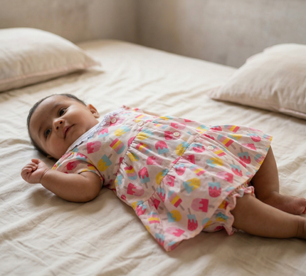 Soft Cotton Baby Frock with Bloomers | Candy Ice Cream Print | Puff Sleeve Dress for Baby Girls