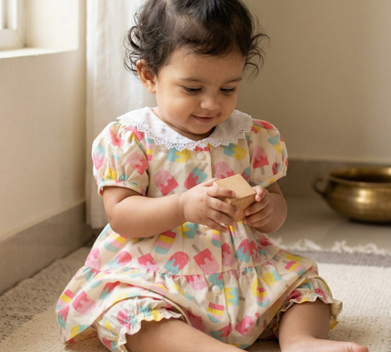 Soft Cotton Baby Frock with Bloomers | Candy Ice Cream Print | Puff Sleeve Dress for Baby Girls