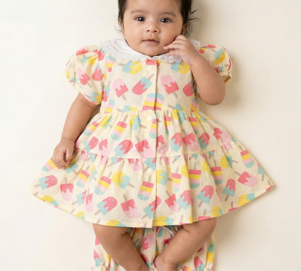 Soft Cotton Baby Frock with Bloomers | Candy Ice Cream Print | Puff Sleeve Dress for Baby Girls