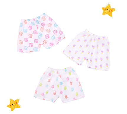 Muslin Cotton Baby Shorts Set of 3 | Honey Bee, Seashell & Ice Cream Prints | Lightweight & Breathable