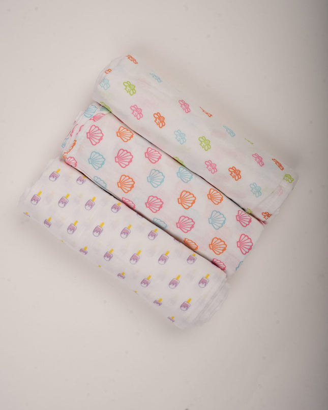 Set of 3 Soft Cotton Muslin Baby Swaddles | Lightweight, Breathable & Gentle Wraps
