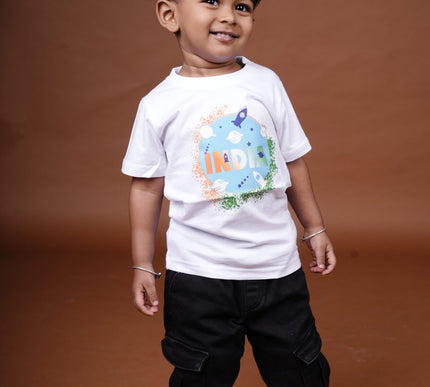 White Cotton Kids T-Shirt with India Space Print | Soft & Comfortable Casual Wear
