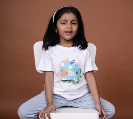 White Cotton Kids T-Shirt with India Space Print | Soft & Comfortable Casual Wear
