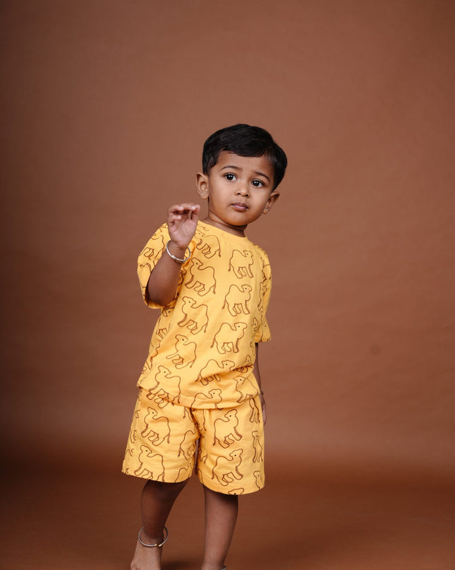 Yellow Camel Print Cotton Cord Set for Kids | Matching Top & Bottom Outfit
