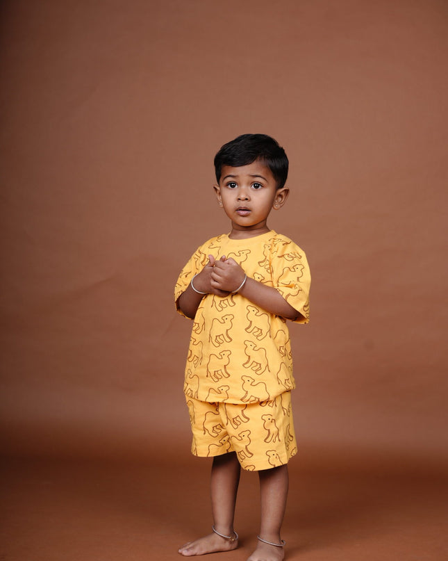 Yellow Camel Print Cotton Cord Set for Kids | Matching Top & Bottom Outfit