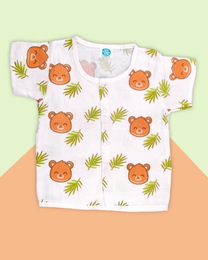 Soft Bear Print Baby Jhabla – Cozy Muslin Cotton Sleeved Top for Babies
