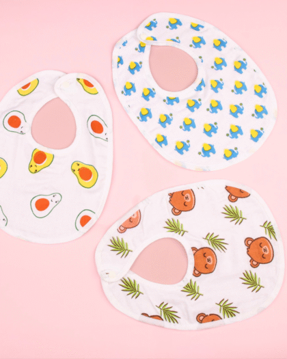 Muslin Cotton Baby Bibs Set of 3 – Avocado, Elephant & Bear Prints