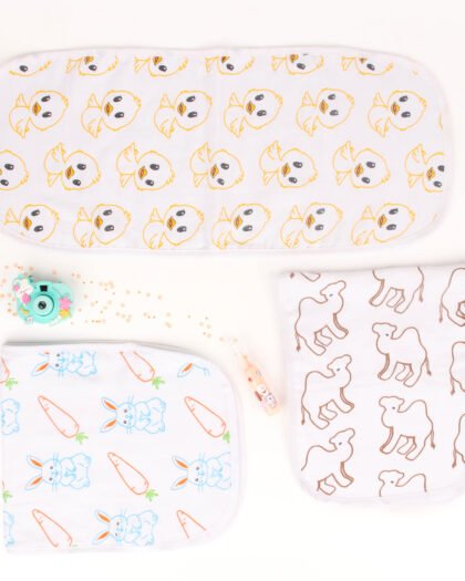 Soft & Absorbent Baby Burp Cloth Set - Duckie, Camel & Rabbit Print – Set of 3