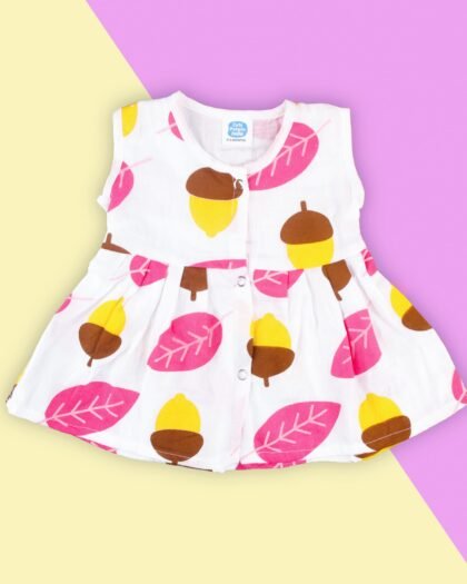 Muslin Pleated Pattern Frock – Appricot & Leaf Print