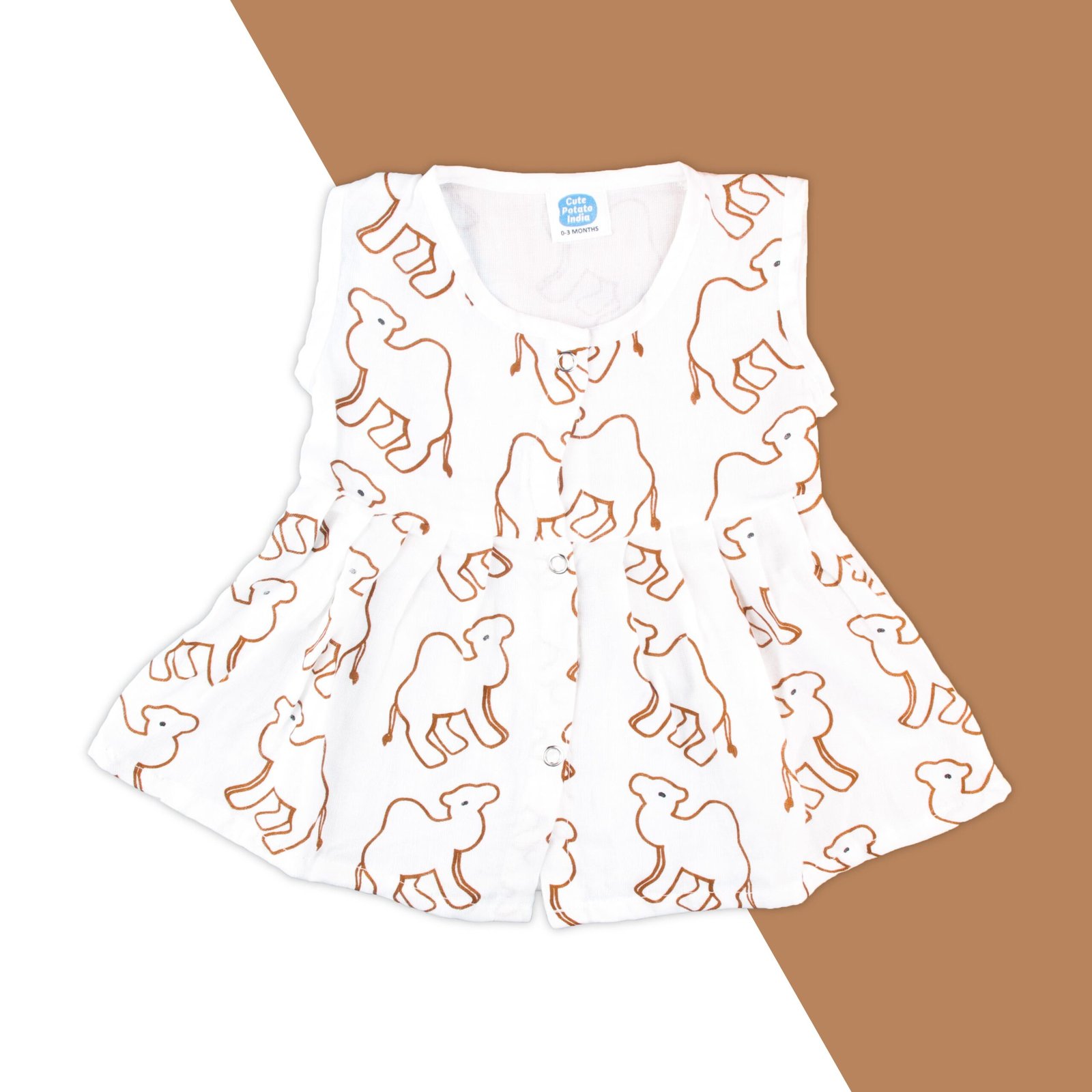 Muslin Pleated Frock – Camel Print