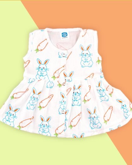 Muslin Pleated Pattern Frock – Bunny & Carrot Print