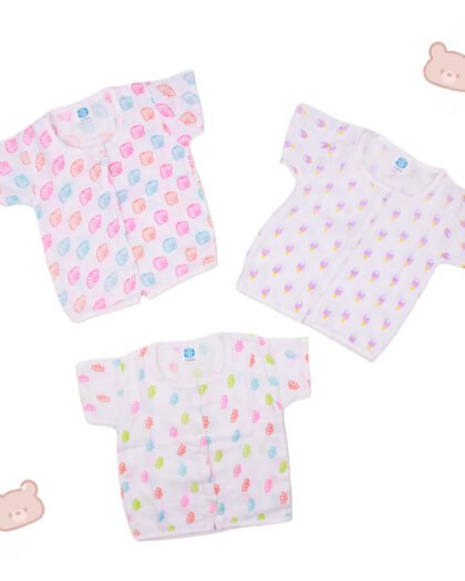 Muslin Cotton Baby Jhabla Set of 3-Shell, Ice Cream & Bee Prints Soft & Breathable Half Sleeve Vests