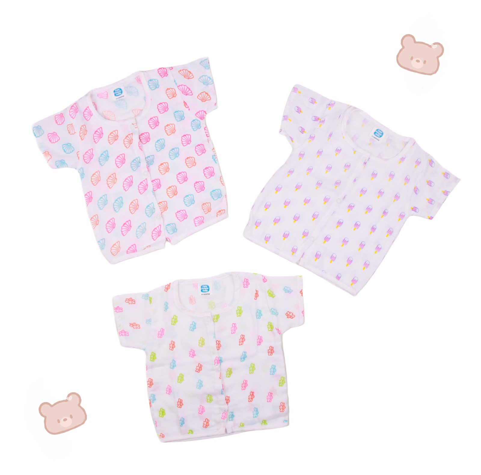 Muslin Cotton Baby Jhabla Set of 3-Shell, Ice Cream & Bee Prints Soft & Breathable Half Sleeve Vests