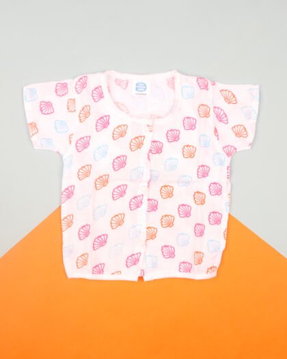 Muslin Cotton Baby Jhabla with Sleeves Pink Shell Print Front-Open Vest for Infants
