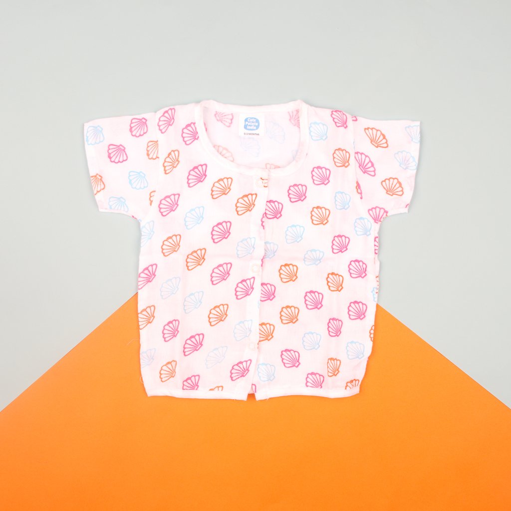Muslin Cotton Baby Jhabla with Sleeves Pink Shell Print Front-Open Vest for Infants