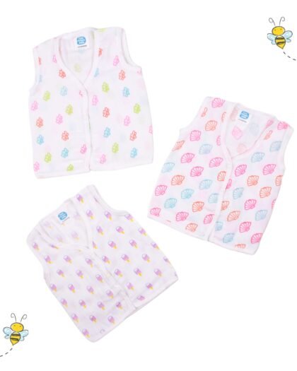 Set of 3 Muslin Cotton Baby Vests - Bee, Shell & Ice Cream Print Soft Front-Open Jhablas