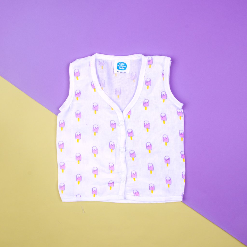 Baby Muslin Cotton Front-Open Vest โ Purple Ice Cream Print Soft & Breathable Jhabla by CPI